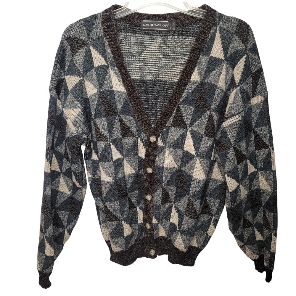 VTG David Taylor Geometric Knit Button Cardigan Sweater Preppy Academia Dad Sz L